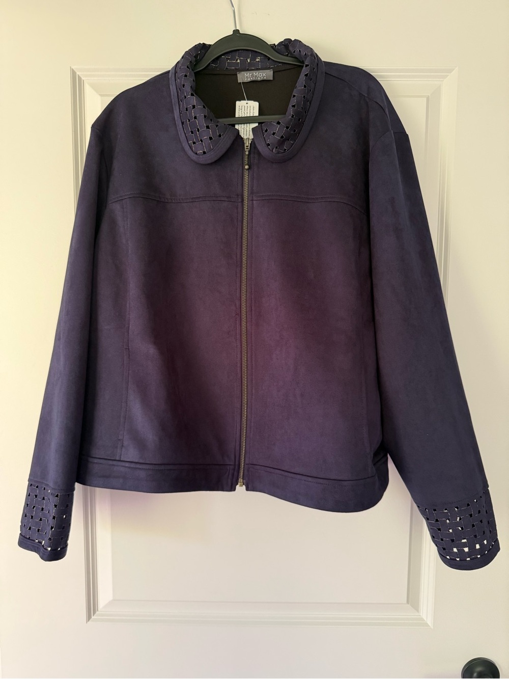MM Lafleur Navy Suede Zip-Front Jacket with Braided Trim
